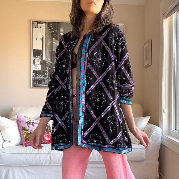 Vintage silk floral jacket with sequins and beads - Picture 2 of 13